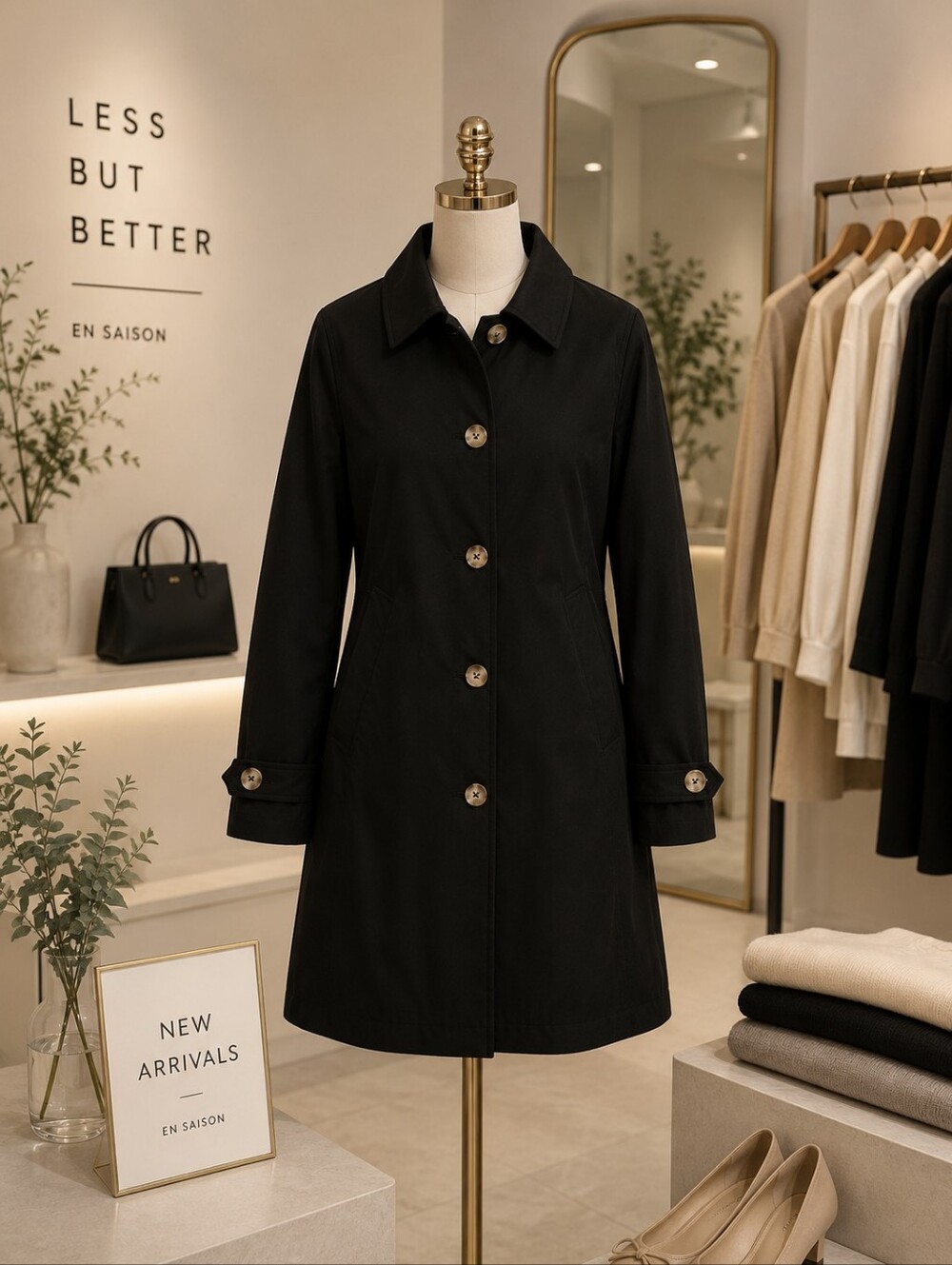 Orolay Black Single-Breasted Trench Coat with Decorative Buttons
